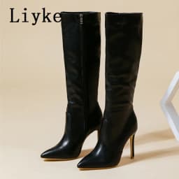 Liyke 2026 Sexy Pointed Toe Pole Dance Stiletto Heels Knee High Boots Fashion Zip Black White Women Long Shoes Botas Altas Mujer
