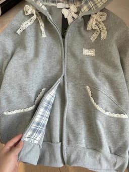 Korean Style Gray Lace Patchwork Hoodies Women Cute Bow Long Sleeve Sweatshirt Japan Sweet Loose Long Sleeve Female Outwear