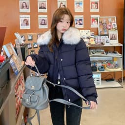 Korean Version Fashion Gray Long-sleeved Short Down Cotton Clothes Women's Winter New Removable Fur Collar Splicing Warm Jacket