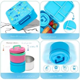 Bento Lunch Box with Soup Thermo Jar, Leakproof 4 Compartment Lunch Food Containers, Thermo Insulated Hot Food Jar for School