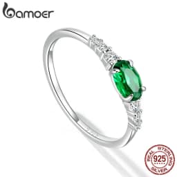 BAMOER 925 Sterling Silver Oval Gemstone Ring for Women Green Pink Zirconium Prongs Setting Ring Wedding Bridal Jewelry Gift
