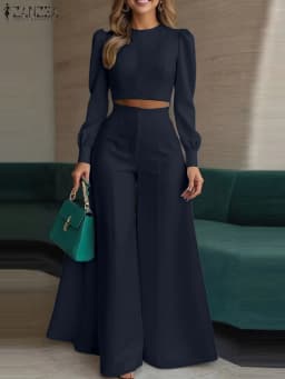 ZANZEA Women's Pant Sets 2 Piece Elegant Chic Short Crop Tops & Wide Leg Pants Two Piece Outfits Trouser Suits Woman Clothes 3XL