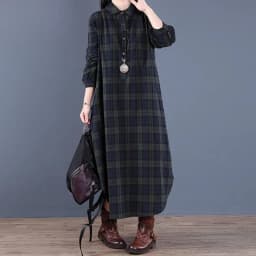 Johnature Spring Retro Plaid Pockets Turn-down Collar Long Sleeve Dresses 2025 New Loose Leisure Single Breasted Women Dress