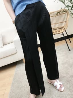 Miyake Pleated Black High Waist Split Side Straight Pants Women Causal Loose Cropped Trousers
