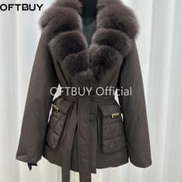 OFTBUY Real Fox Fur Collar Duck Down Jacket Women Mid-Length Puffer Jacket Luxury Slim Belted Waist Winter Warm Outerwear