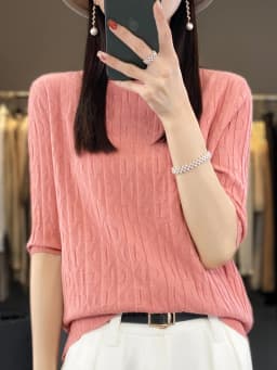 Women New Soft Diamond Letter Design Sweater Half-high Collar Three Quarter Sleeve Pullover Spring Summer Casual Knit Slim Top