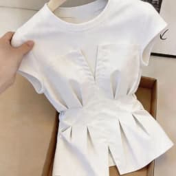 New Korean Splicing Short-sleeved T-shirt Summer Women's Fake Two-piece Waist-covering Belly Shoulder Coat Female Blouse Tops