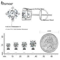 Bamoer 0.5-1ct Moissanite Screw Back Earrings for Women, D Color VVS1 Clarity Lab Created Diamond Earring White Gold Earrings