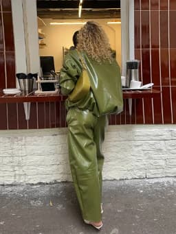 Olive Green Leather Jacket Coat Silhouette Vintage High Street Trend Zipper Lapel Short Overcoat Loose Casual Top Outwear Autumn