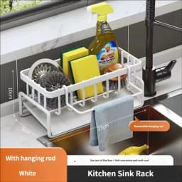 No Drill Suction Cup Kitchen Sink Caddy with Towel Bar Kitchen Sink Sponge Holder Dishcloth Drying Rack Sink Drain Basket