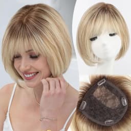 Short 6.5*6.5inch Large Base Hair Pieces Silver Gray Human Hair Toppers 10 inch Toppers for Women with Multiple Non-slip Clips