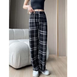 Lamb Velvet Fce Lined Thi Plaid Casual Pants Women's Autumn Winter Loose Straight Leg Wide Leg Cotton Spwear Trousers