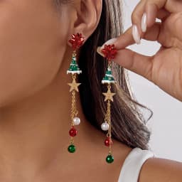 New Design Asymmetrical Snowflake Dangle Earring for Women Red Green Christmas Ball Bell Candy Cane Long Earring Holiday Jewelry