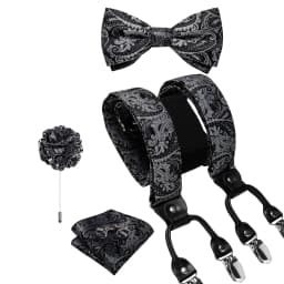 Luxury White Men's Suspenders Adjustable 6 Clips Braces DiBanGu Leather Metal Pre-Tied Bow Tie Brooch Pocket Square Set