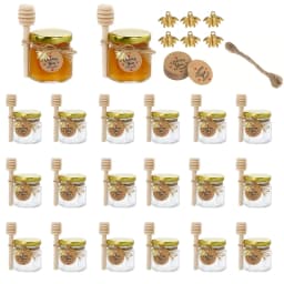 12/20/30/50/60Pcs-Mini Honey Jars with Dipper, Hexagonal Glass Honey Jars, Glass Sugar Jars with Lids, Kitchen Glass Sealed Jars, Available in Various Sizes Such as 1.5/2/3oz, Come with Bee Pendants, Twine, and Card Tags, Perfect for Baby Shower Gifts, Wedding Gifts, Party Favors