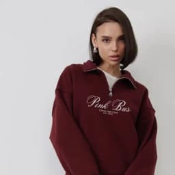 European Stylish Wine Red Sweater Zip Turn-down Collar Sweatshirt Retro Oversize Pullover Autumn Large Size Leisure Women Tops