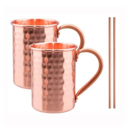 Retro Pure Copper 2 Cups, 2 Straws Set 400ml Solid Moscow Mule 100% Copper Cocktail Glass Beer Milk Mug Tea Tumbler Drinkware