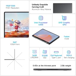 CHUWI MiniBook X 2-in-1 Touch Screen Laptop Intel U300 16GB LPDDR5 512G SSD 10.51"1920x1200 FHD Resolution Ultra-thin Notebook