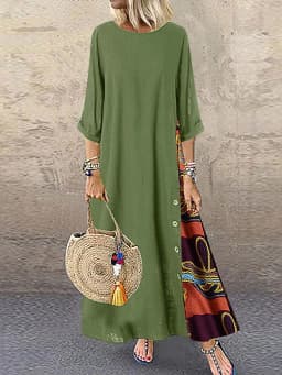 Women Vintage Print Patchwork Maxi Dress Boho 3/4 Sleeve Oversized Long Dress Casual Harajuku O Neck Loose Dress Elegant Robe
