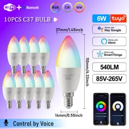 1-10PCS LED Candle Tuya Bulb WiFi E14 Smart RGB CW AC 85-265V 6W LED Lamp C37 Bulbs App Voice Control Support Alexa Google Home