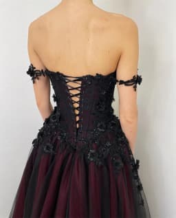 Rebecca Customized Gothic Off Shoulder Black Lace Applique Wedding Dress Lace-Up vestidos de noche Floor-Length Formal Evening