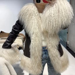 YOLOAgain Real Mongolia Sheep Fur Collar Real Leather Jacket Coat Women