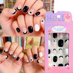 24Pcs Pink Flower Heart Kids False Nails Glossy Nude Short Oval Children's Press on Nails Sweet Girl Acrylic Fake Nail Patches#_