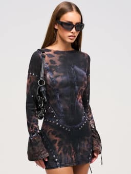 Weird Puss Patchwork Print Dress Women o-Neck Lace-Up Full Sleeve Hottie Trend Skinny Stretch Peach Hip Mini Bodycon Streetwear