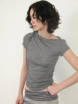 CHEERART Grey Solid T Shirts Woman 2025 Summer Slash Neck Short Sleeve Crop Top Designer Tees Fashion Clothes