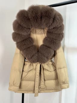Lagabogy 2025 Thick Warm Mid-Long Puffer Coat Real Fox Fur Collar White Duck Down Coat Female Loose Warm Hooded Parkas With Belt