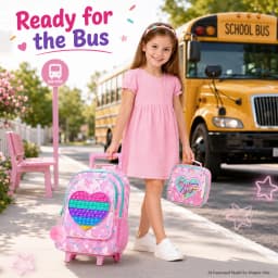3Pcs Rainbow Heart Kids Rolling Backpack Set Girls Trolley School Bag with Lunch Bag & Pencil Case