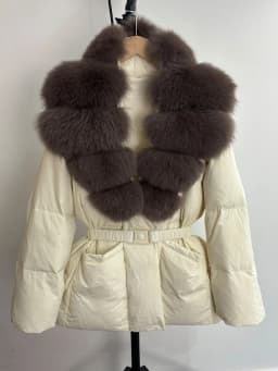 Lagabogy 2025 Large Real Fox Fur Winter Belt Waist-Tight Elegant Warm 90% White Duck Down Jacket Female V-neck Loose Puffer Coat