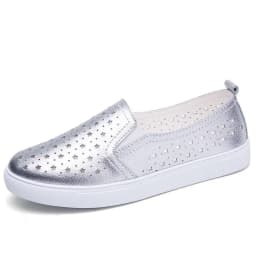 Spring Summer Silver Flats Hollow Out Women's White Loafer Split Leather Boat Shoes Comfy Ladies Best Flats For Standing All Day