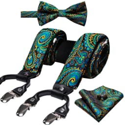 Burgundy Black White  Mens Suspender Adjustable 6 Clips Jacquard Braces Bowtie Hanky Cufflinks Set Silver Gold
