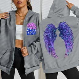 Cool Purple Creative Wings Rose Print Women Zipper Hoody Fashion Loose Sportswear Casual Fleece Hoodie Autumn Hip Hop Tracksuit