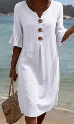 V-neck Button Solid Color Casual New Beach Vacation Style Versatile Dress For Women's A-line Lace Short Sleeved Patchwork Skirt