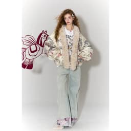 ELFSACK Women Puffer Down Jacket 2026 Winter Pony Print Fur Collar Lantern Sleeve New Oriental Style Casual Outerwear