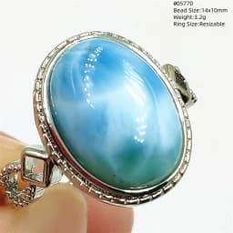 Natural Blue Larimar Oval Adjustable Ring Jewelry Water Pattern Real Larimar For Women Men Healing Fashion Stone AAAAAA