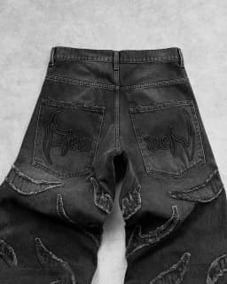 New Y2K Harajuku Retro Graphic Patch Jeans Hip Hop Gothic Raw Edge Embroidery Black Baggy Jeans Wide Leg Denim Pants Mens Womens