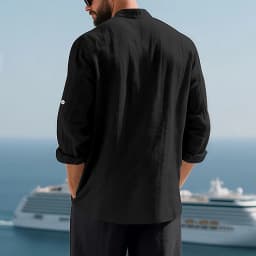 Men White Linen Button Down Long Sleeve Shirt Mandarin Collar Chest Pocket Roll Tab Cuff Loose Oversized Breathable Textured Beach Vacation Casual Holiday Top