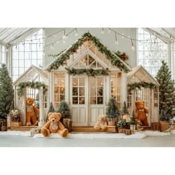 White House With Christmas Tree and Little Bear Photography Backdrop Kids Baby Cake Smash Photocall Studio Backgrounds