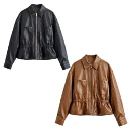 Guobioziy New Women's Classic Commuter Style Versatile High End Two Tone PU Leather Short Jacket Zipper Closure Polyester Fiber
