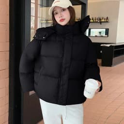 Windproof Zipper Up Stand Collar Puff Parkas Women Thicken Warm Hooded Down Cotton Coats Woman Korean Long Sleeve Short Parkas