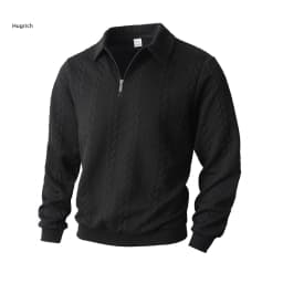 Mens Lapel Half Zip Sweatshirt Long Sleeve Cable Textured Pullover Relaxed Fit Tops For Daily Casual Autumn And Winter Dressing