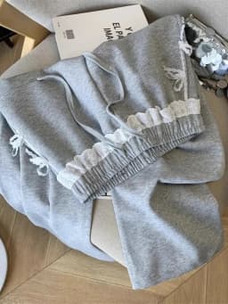 Gray Lace Patchwork Sweatpants Women High Waist Sweet Trousers Korean Fashion Loose Female Elegant All Match Wide Leg Pants