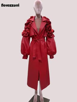 Mauroicardi Autumn Extra Long Red Soft Pu Leather Coat Women Ruffled Lantern Sleeve Back Slit Elegant Luxury Designer Clothes