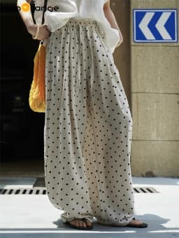 HanOrange 2026 Summer Retro Lazy Linen Polka Dot Wide Leg Pants Women High Waist Hanging Feeling Pants Black/Khaki