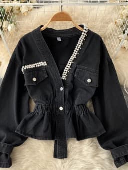 Fall 2026 New Retro Denim Jacket Coat Female Temperament V-neck Single-breasted Beaded Waist Slim Jacket Top KK1333