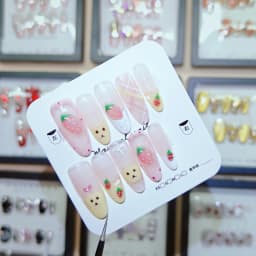 10Pcs Almond Press on Nails with Pink Strawberry Bear Design Acrylic False Nails Cute Full Cover Sweet Girl Wearable Nail Tips