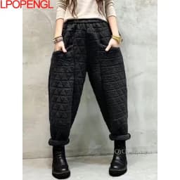 New Warm Harem Pants Casual Mom Plaid Trousers Snow Wear Cotton Thick Baggy Pant Elastic High Waist Sweatpants 2022 Winter
